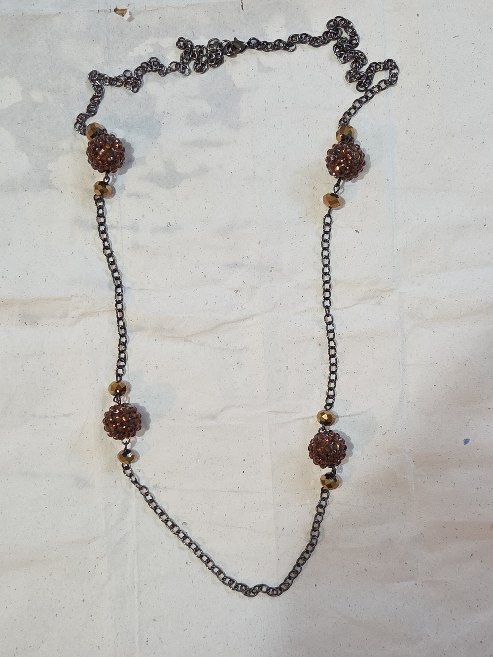 Long Gun Metal Chain Necklace with Brown Rhinestone Bead Accents